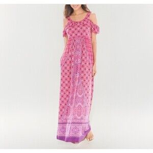 Soma Cold Shoulder Maxi Dress Bliss Knit Size Large Pink Paisley Floral Summer
